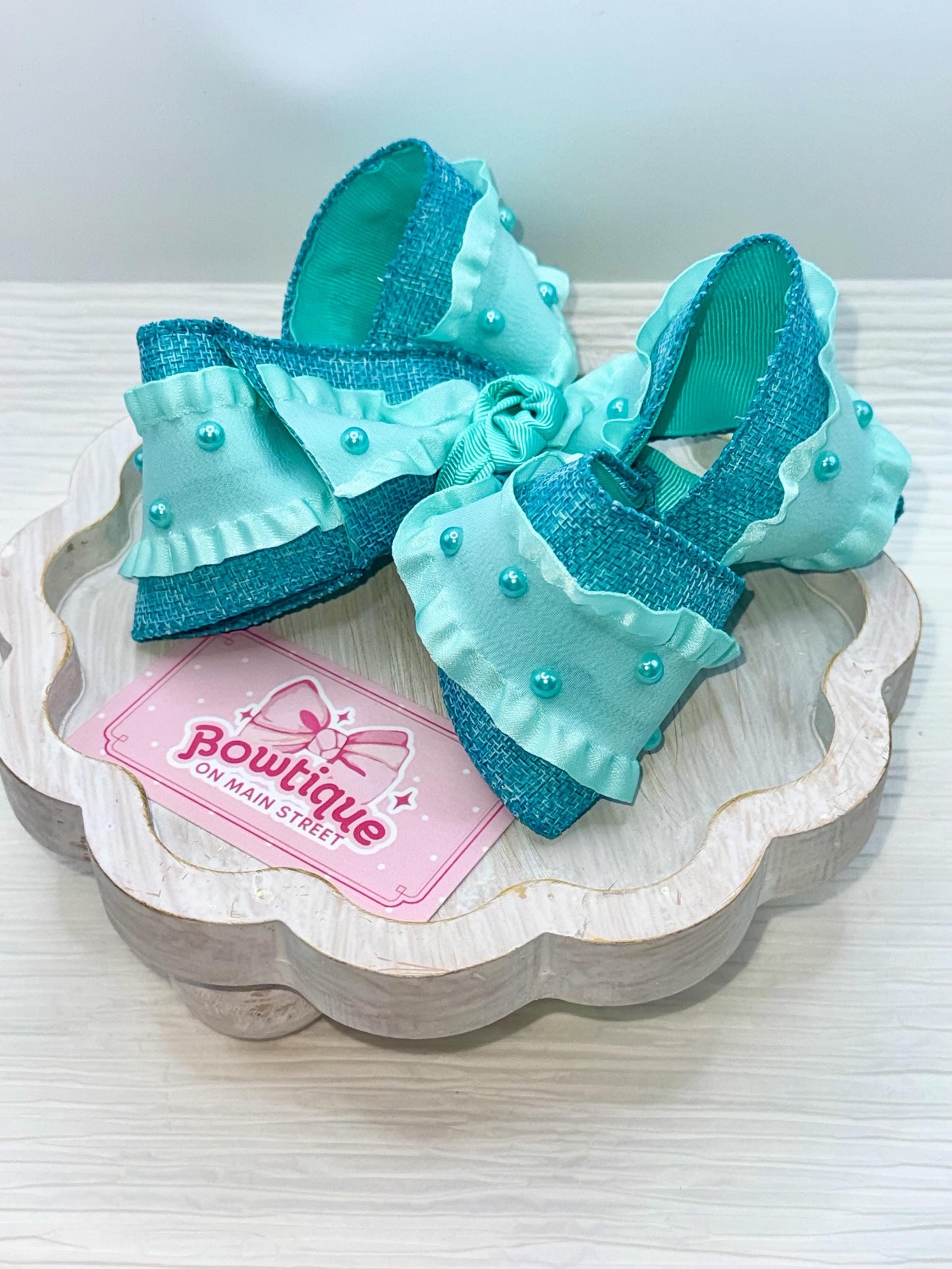 Aqua Turquoise Blue Pearl Boutique Style Bow