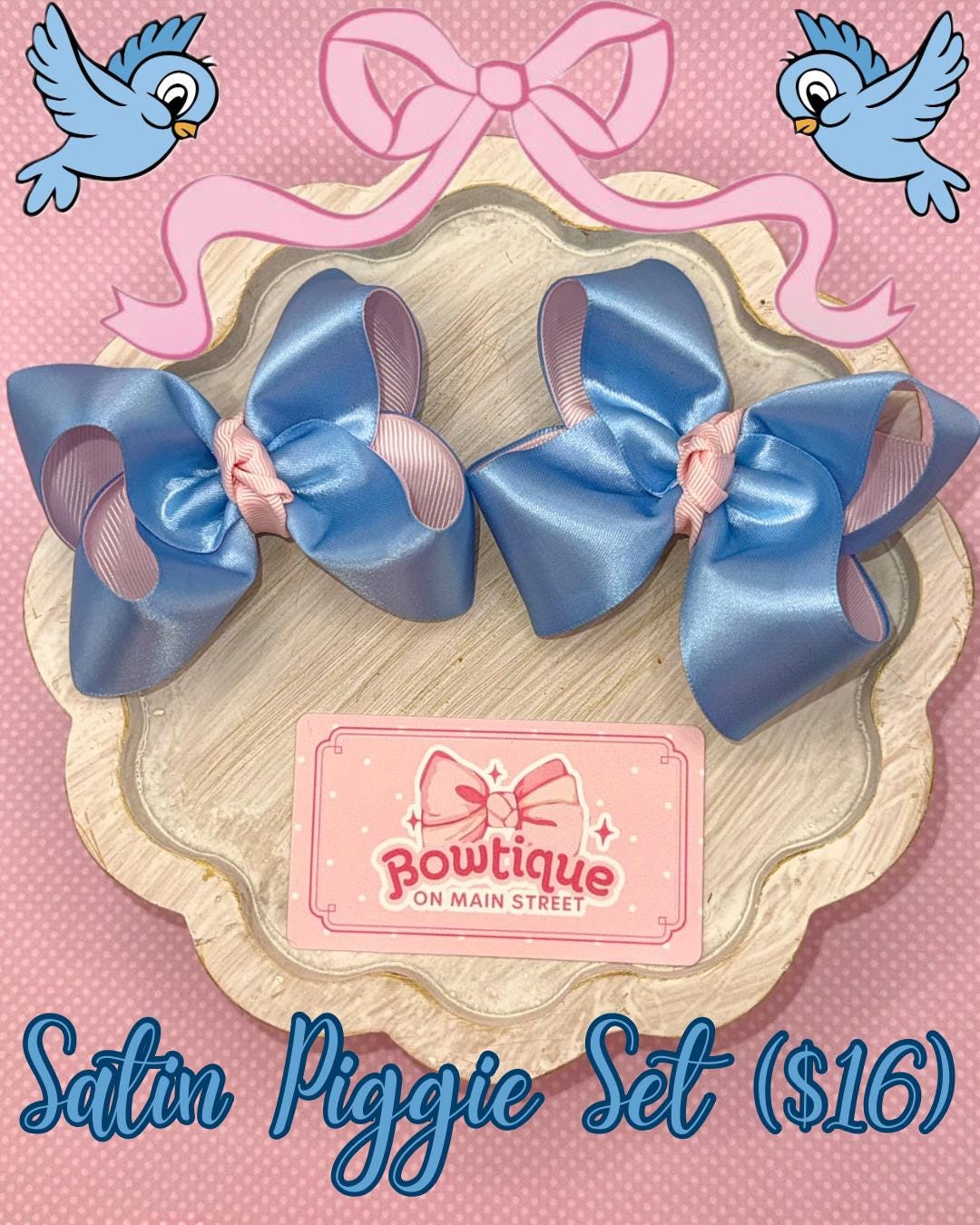 Blue and Pink Satin Piggie Bow Set