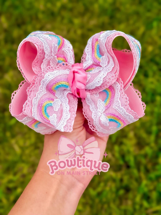 Viral Rainbow Lace Pastel Pink Boutique Style Bow