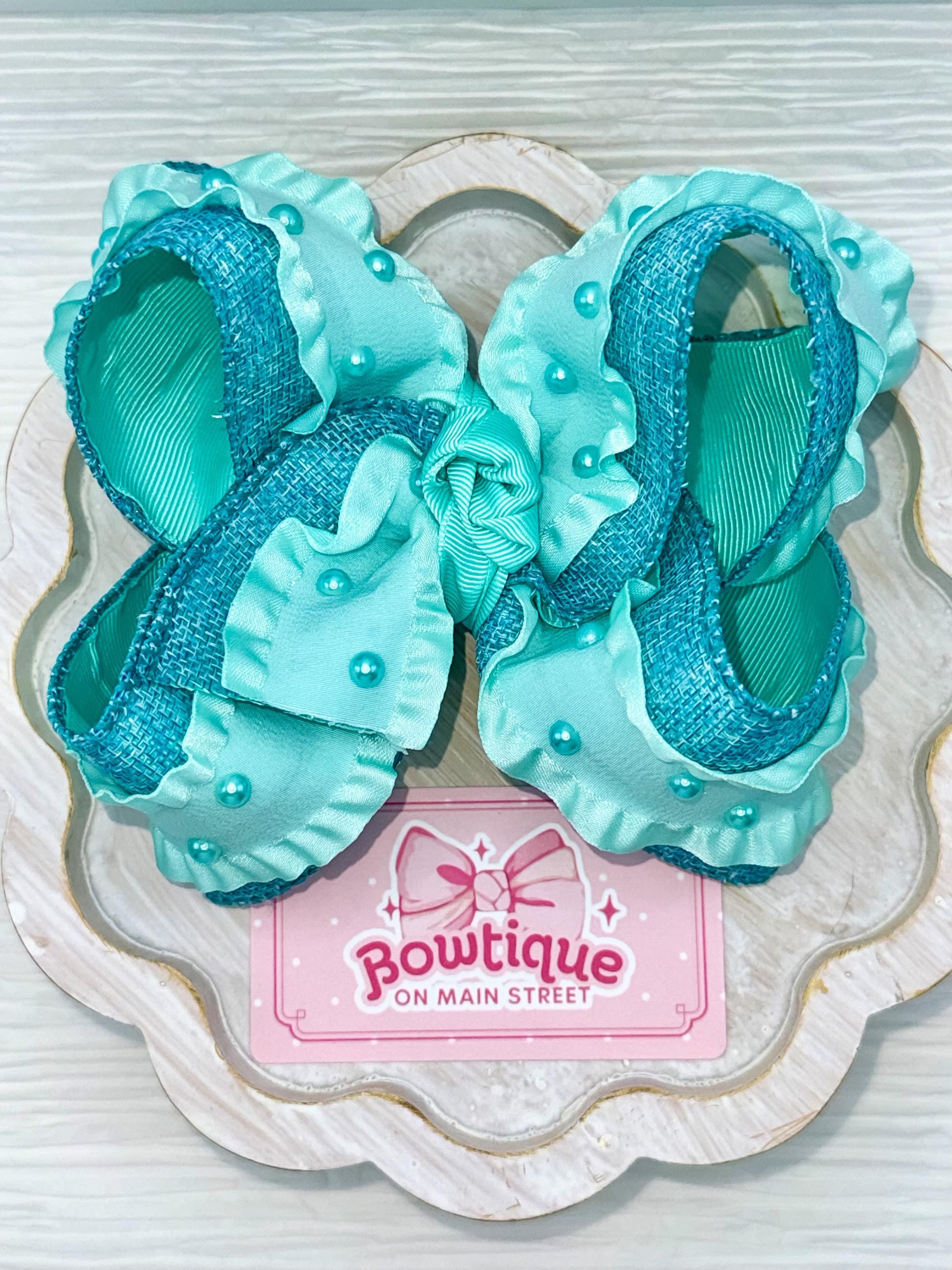 Aqua Turquoise Blue Pearl Boutique Style Bow