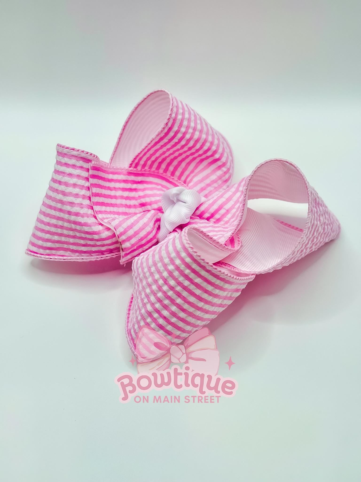 Pink and White Stripe Summer Seersucker Boutique Style Bow