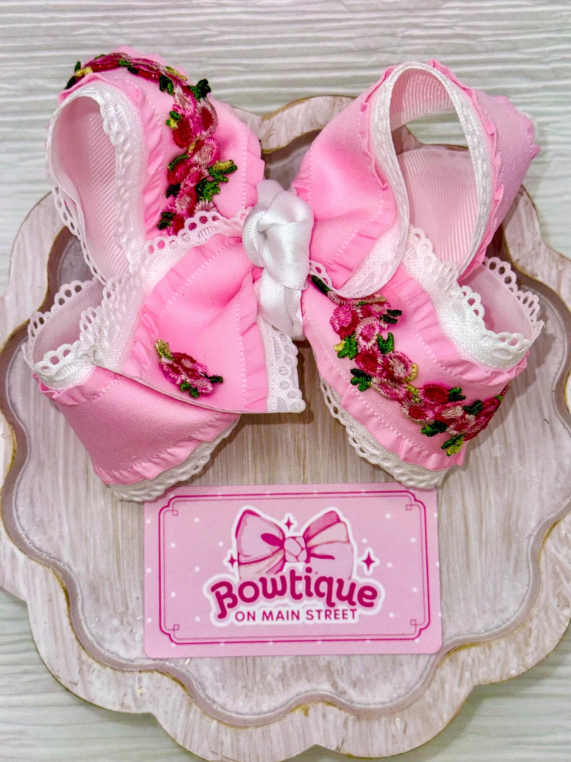 Pink and White Floral Appliqué Boutique Bow