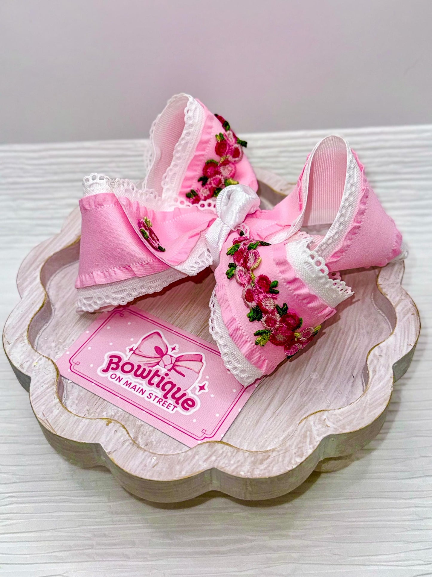 Pink and White Floral Appliqué Boutique Bow