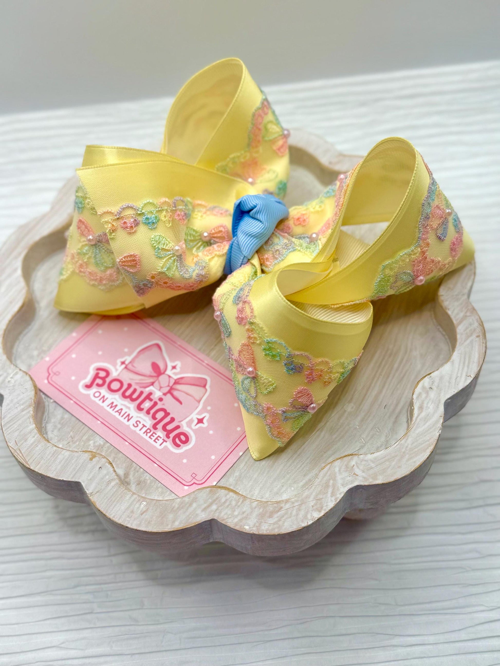 Butter Yellow Satin Rainbow Lace with Light Pink Pearls Boutique Bow