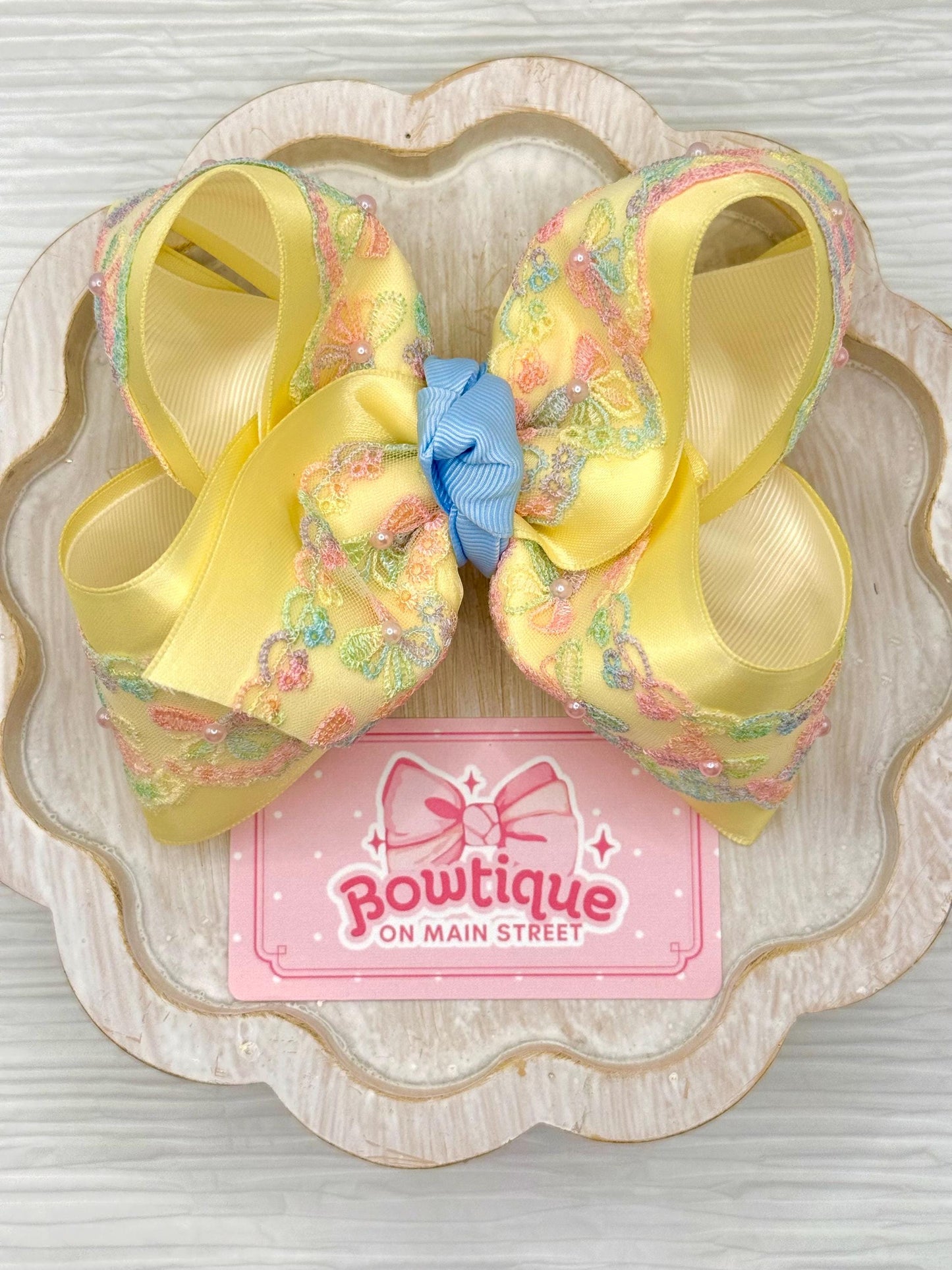 Butter Yellow Satin Rainbow Lace with Light Pink Pearls Boutique Bow