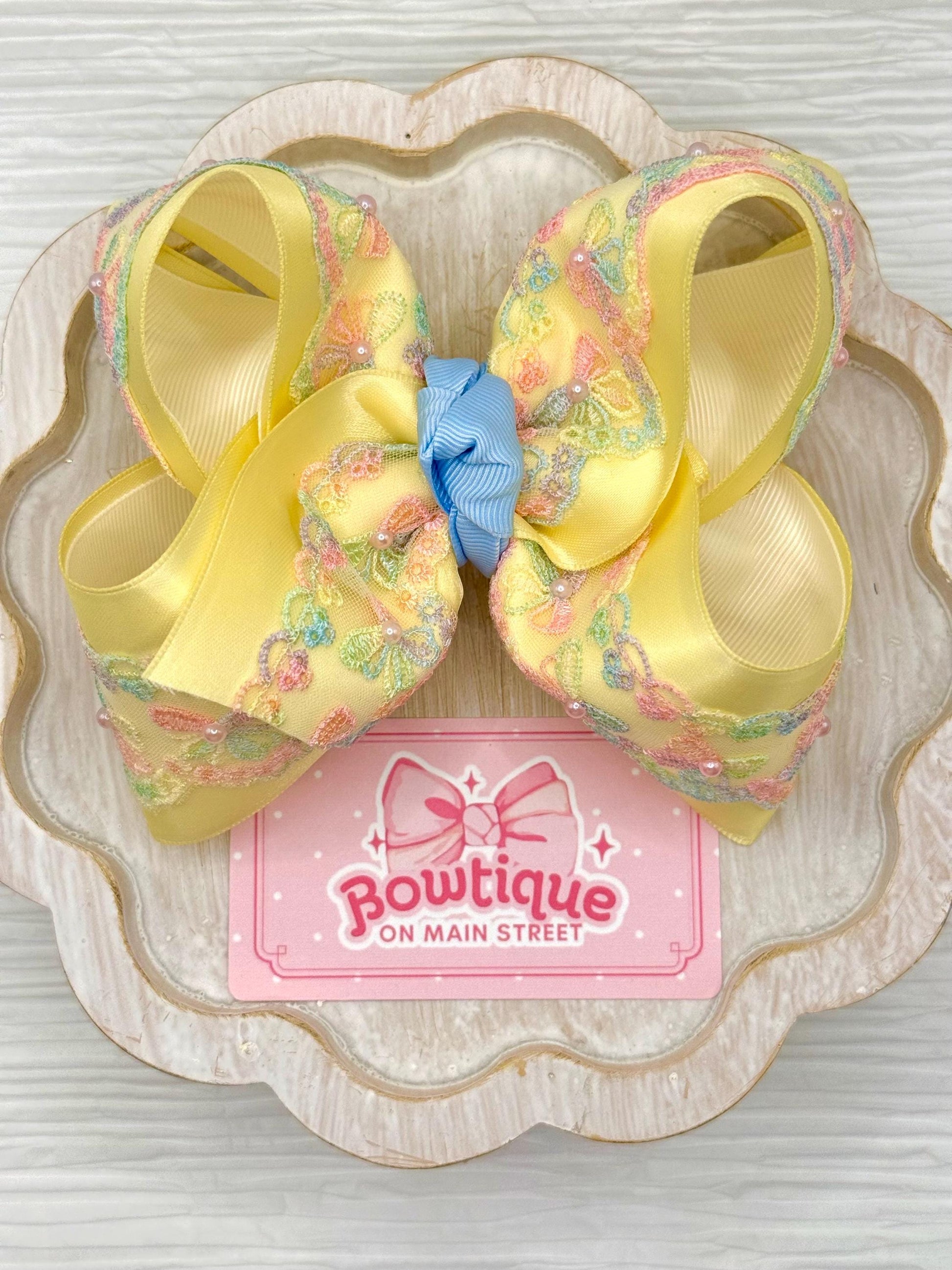 Butter Yellow Satin Rainbow Lace with Light Pink Pearls Boutique Bow