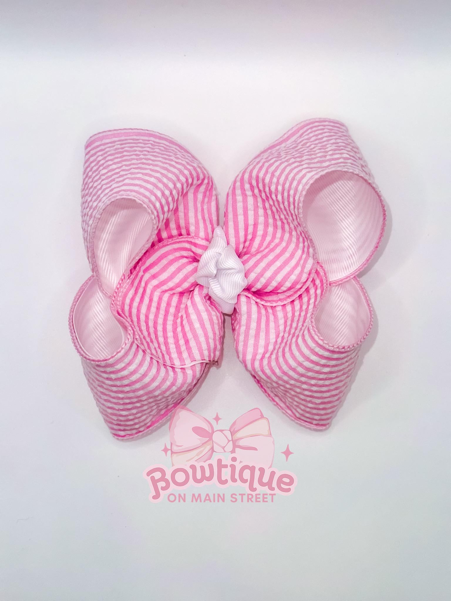Pink and White Stripe Summer Seersucker Boutique Style Bow