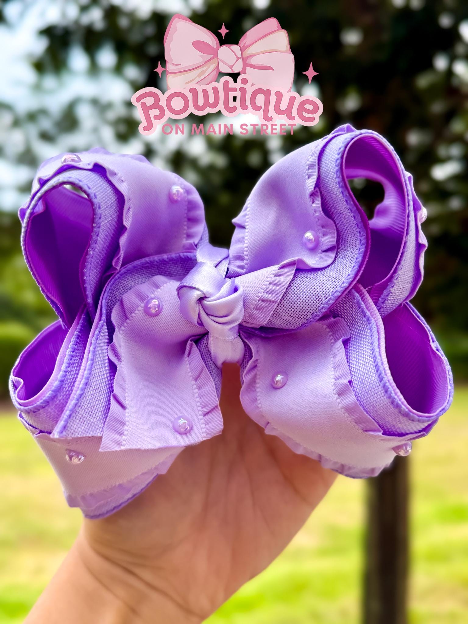 Purple Lavender Pearl Ruffle Boutique Bow