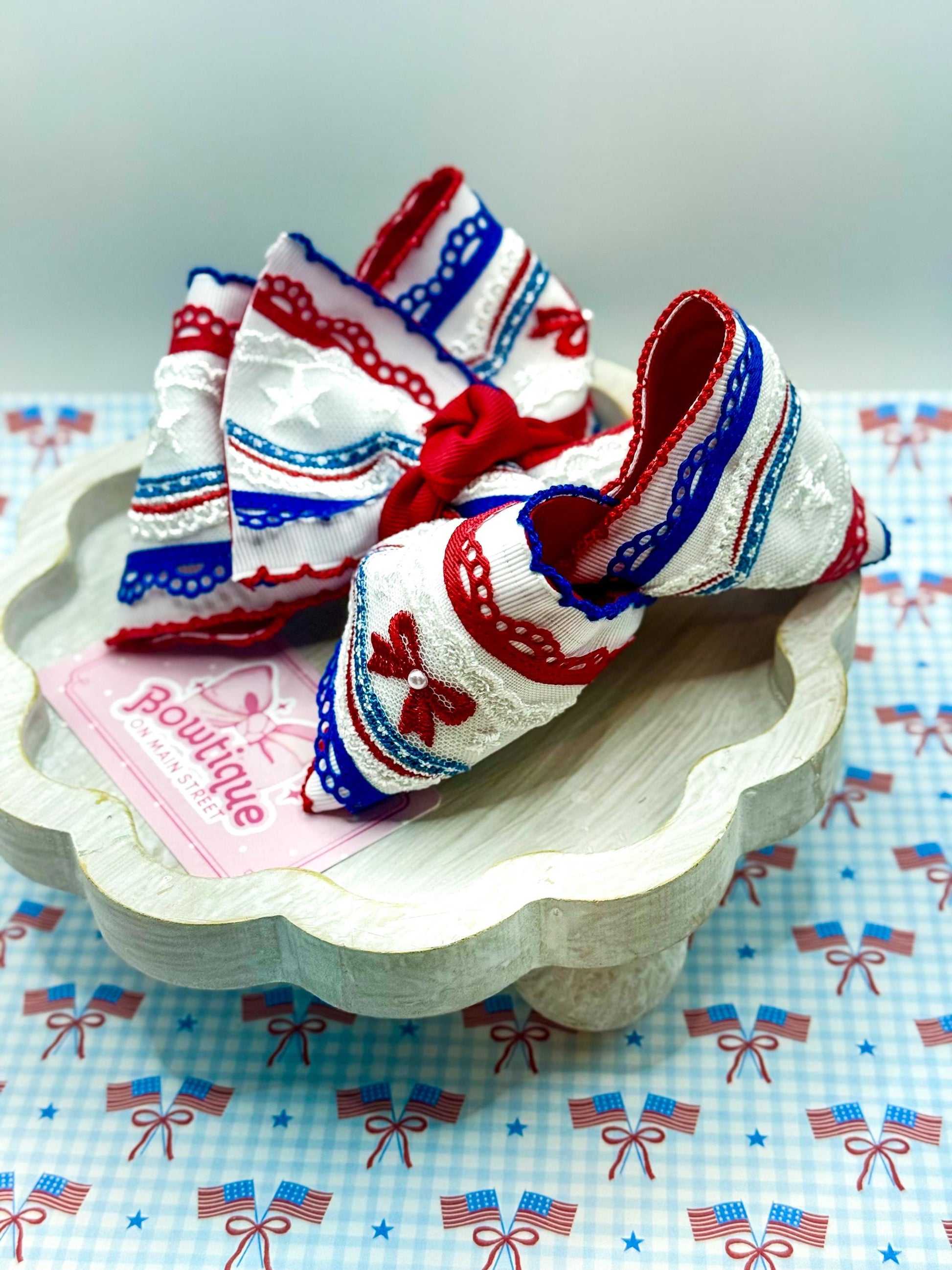 Fourth of July Patriotic Red White and Blue Lace Boutique Bow