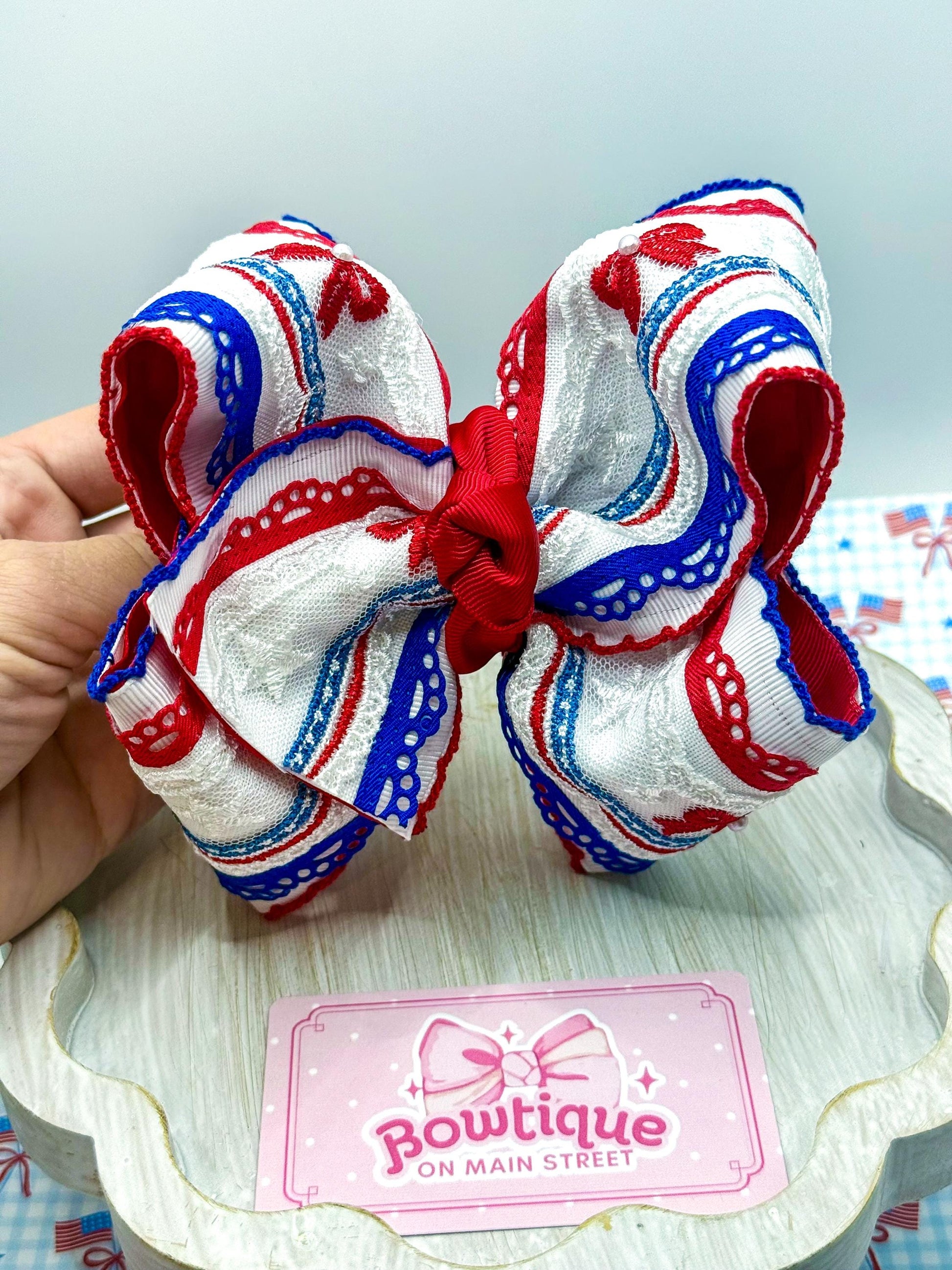 Fourth of July Patriotic Red White and Blue Lace Boutique Bow