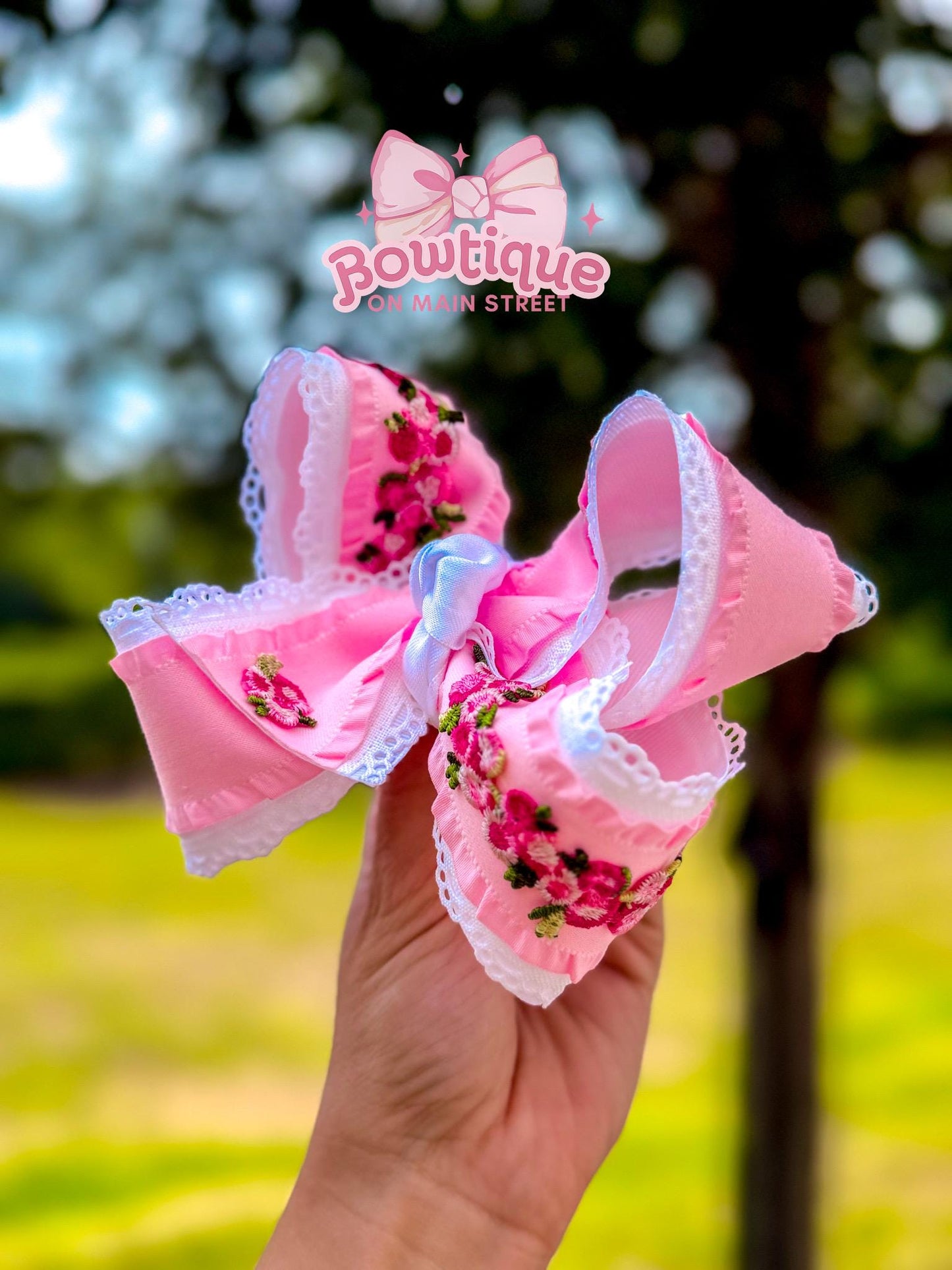 Pink and White Floral Appliqué Boutique Bow