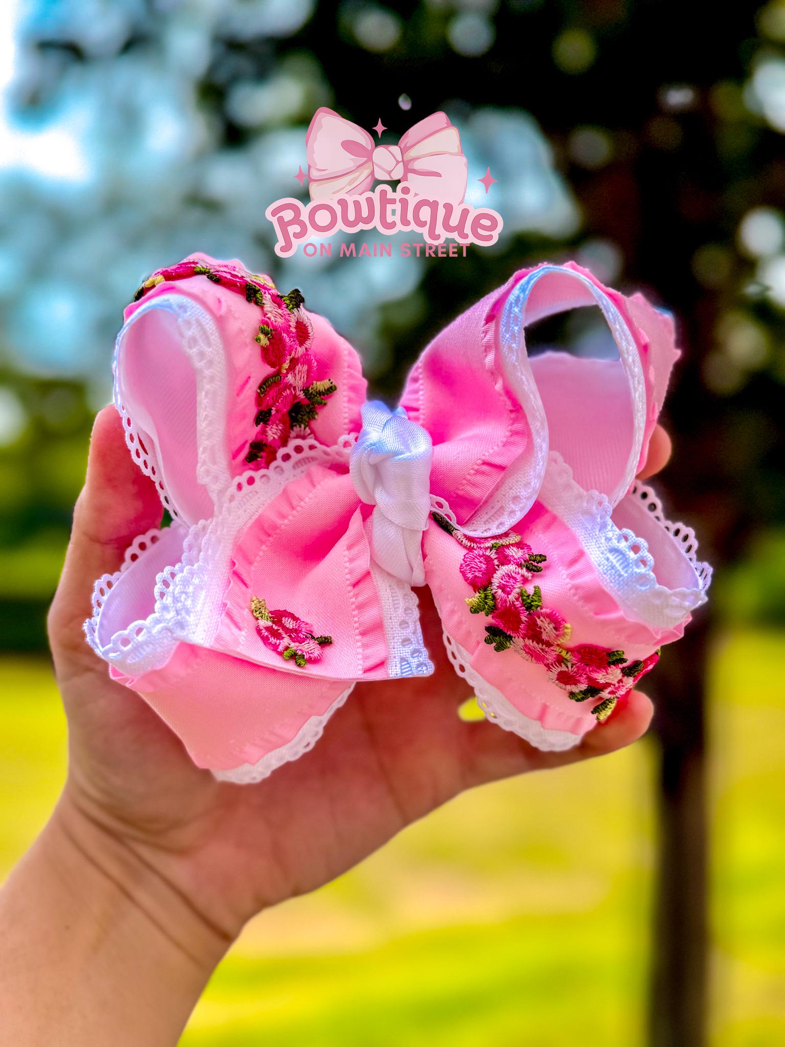 Pink and White Floral Appliqué Boutique Bow