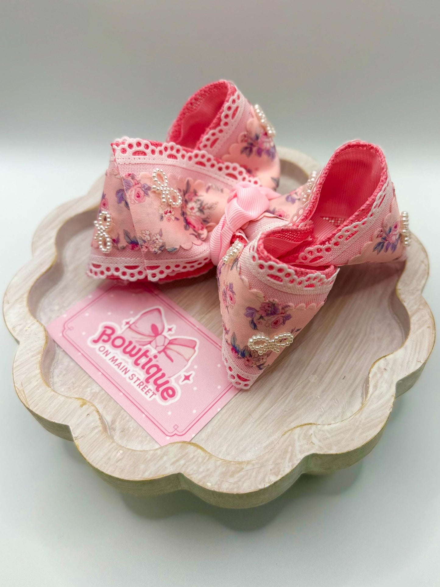 Pink Antique Floral Pearl Boutique Bow