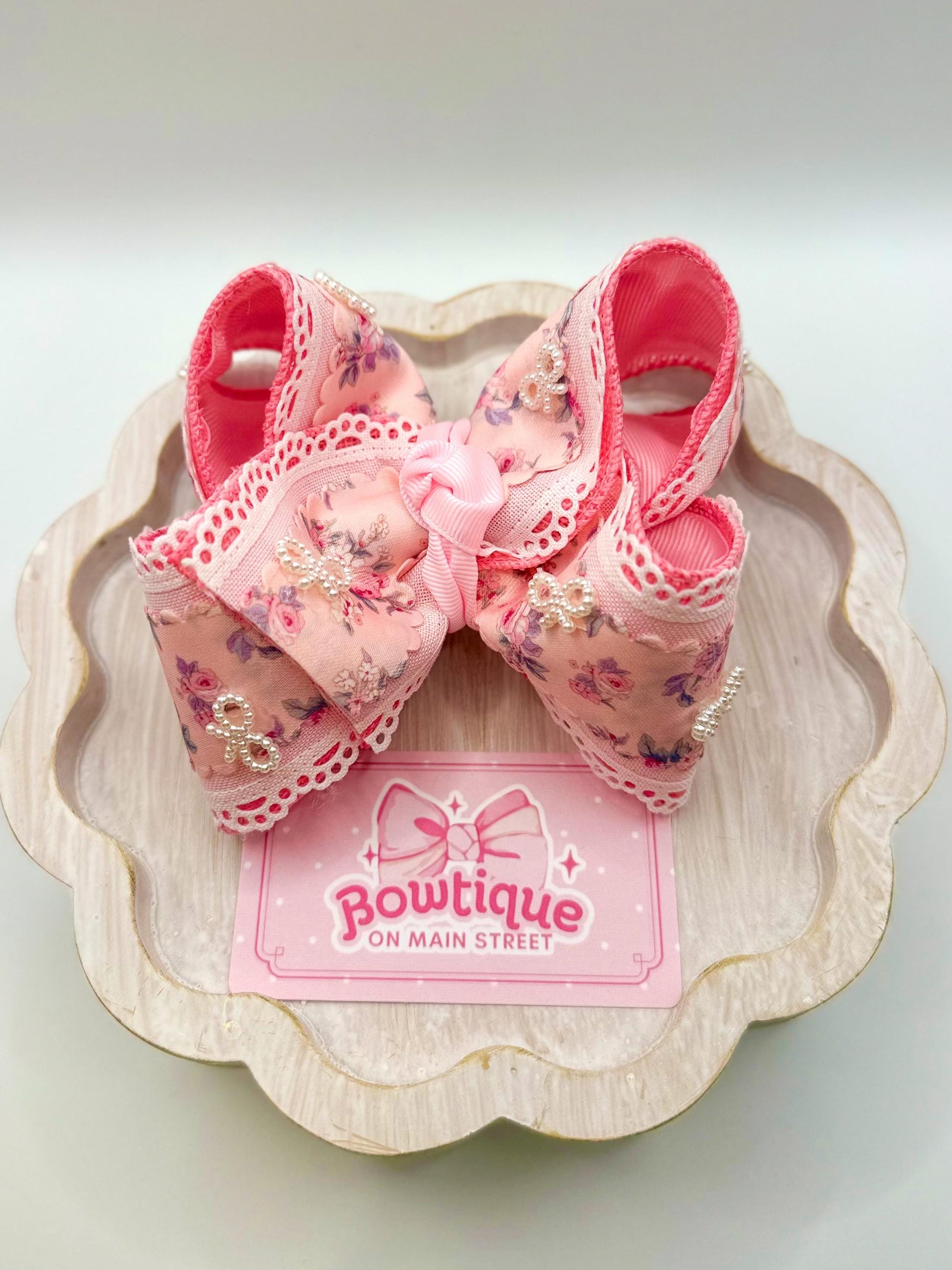 Pink Antique Floral Pearl Boutique Bow