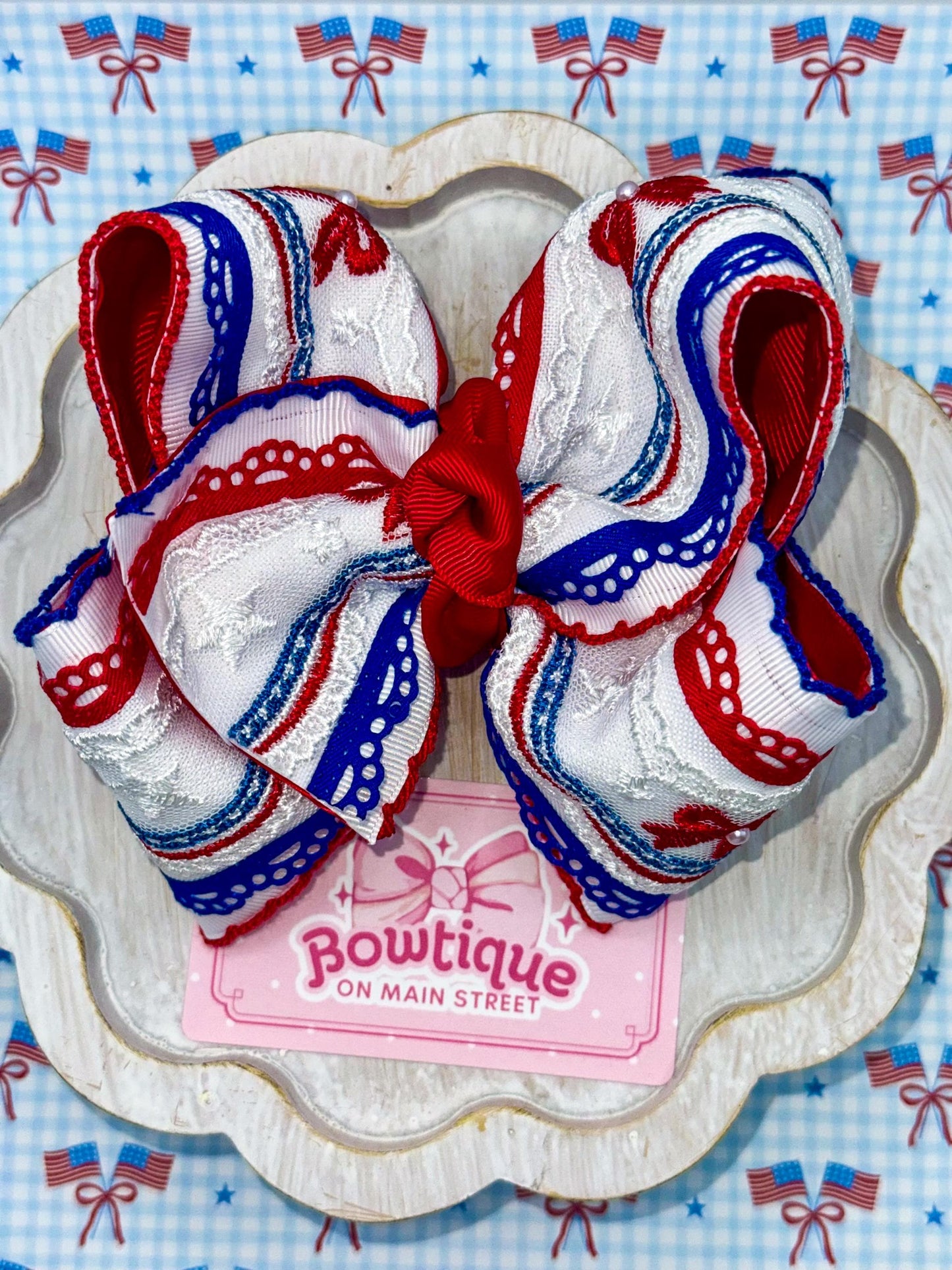 Fourth of July Patriotic Red White and Blue Lace Boutique Bow