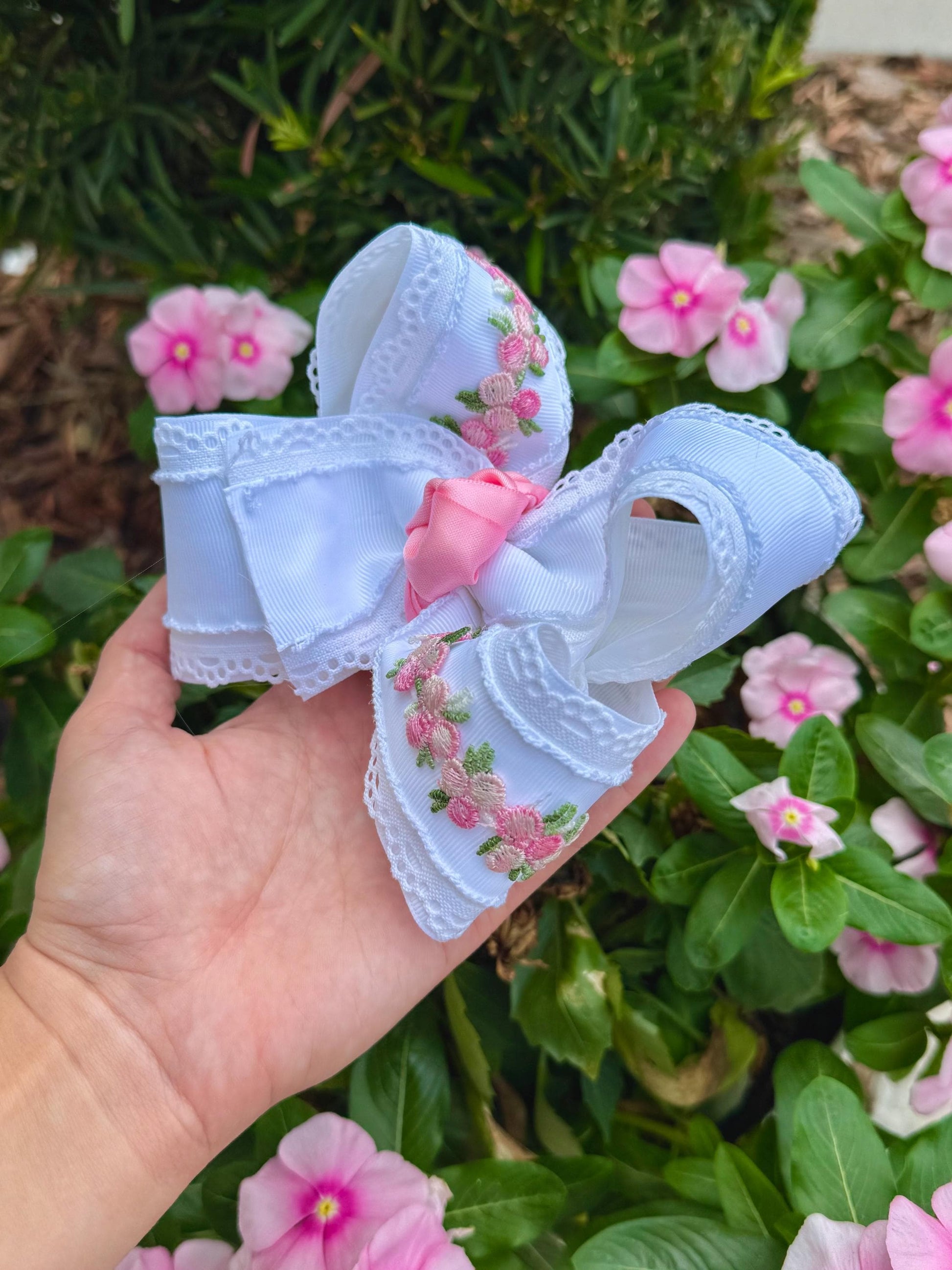White Floral Appliqué Boutique Style Bow