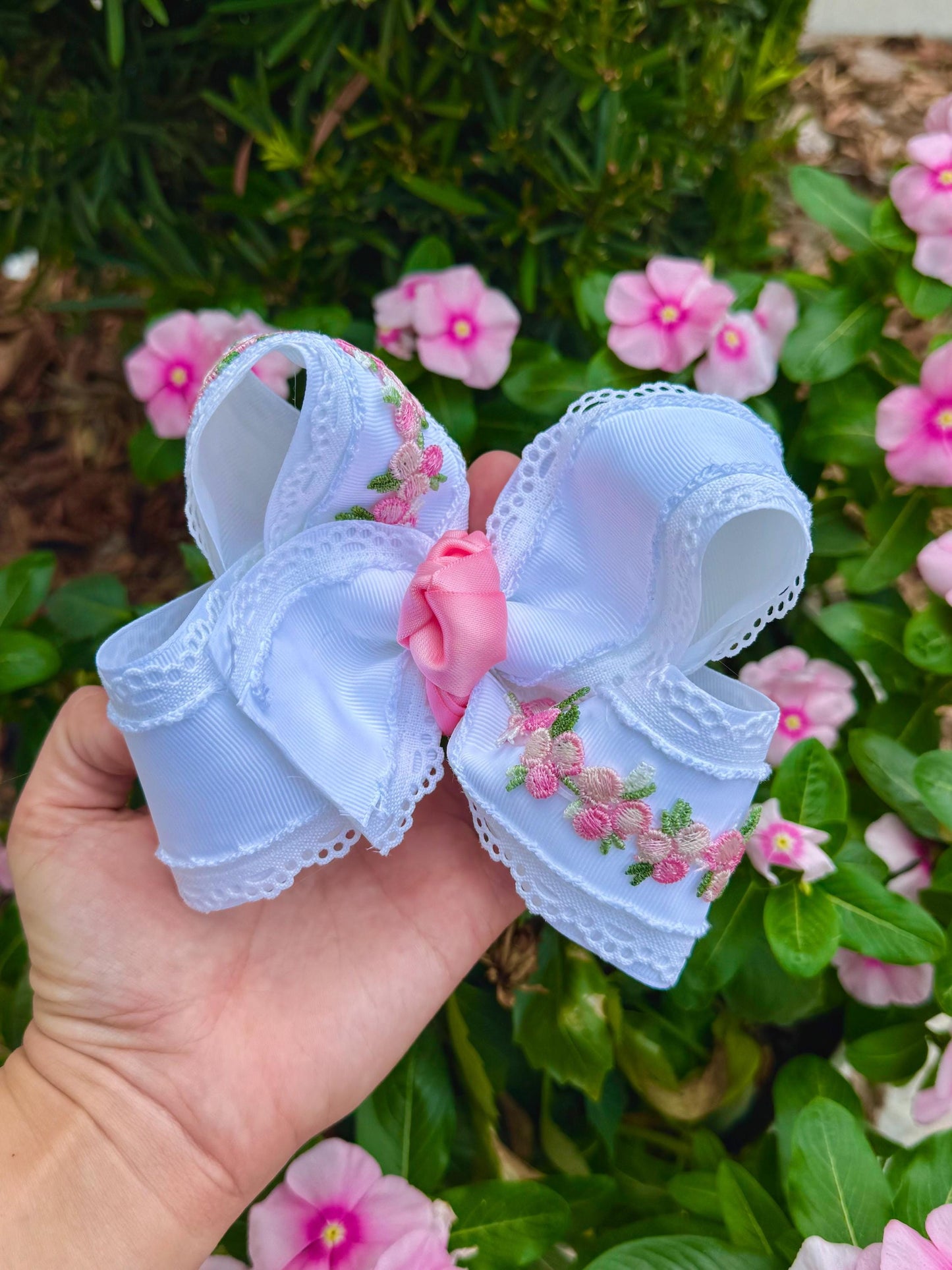 White Floral Appliqué Boutique Style Bow
