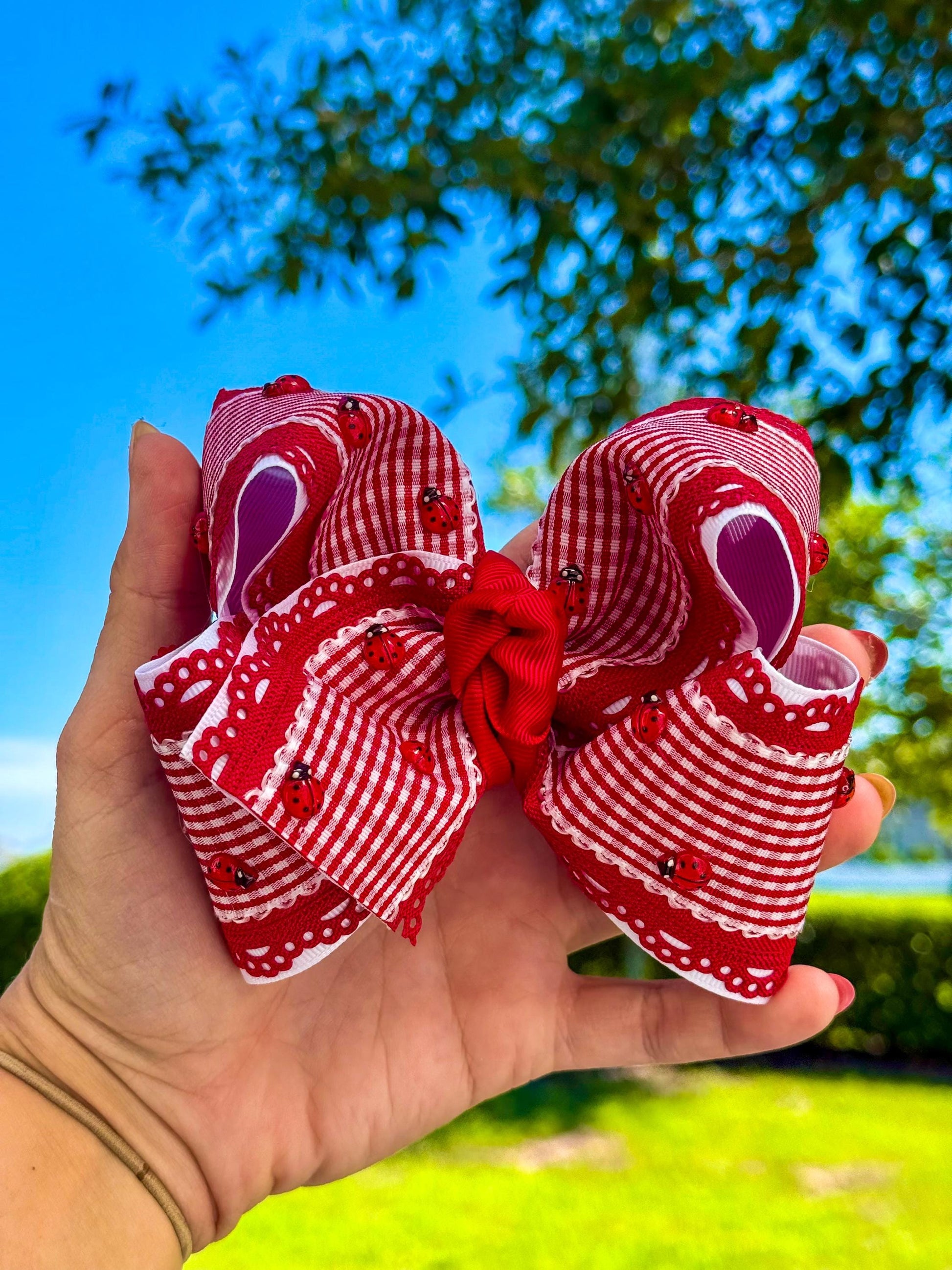 Ladybug Red Gingham Plaid Boutique Style Bow