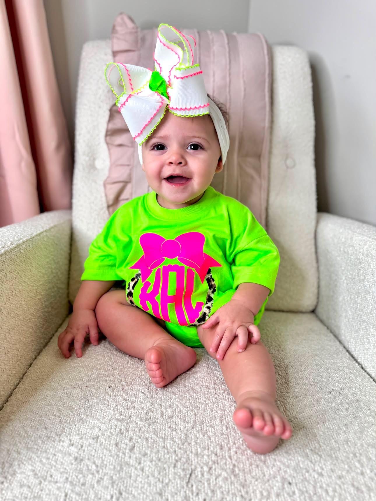 White Pink and Green Neon Moonstitch Bow