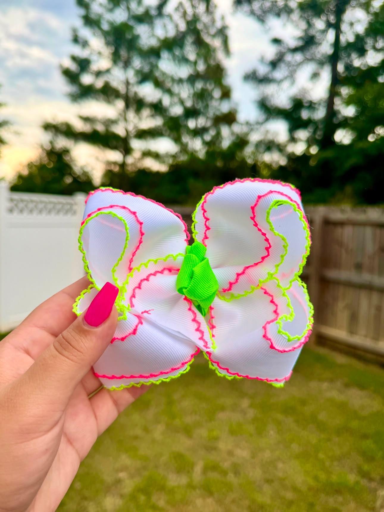White Pink and Green Neon Moonstitch Bow